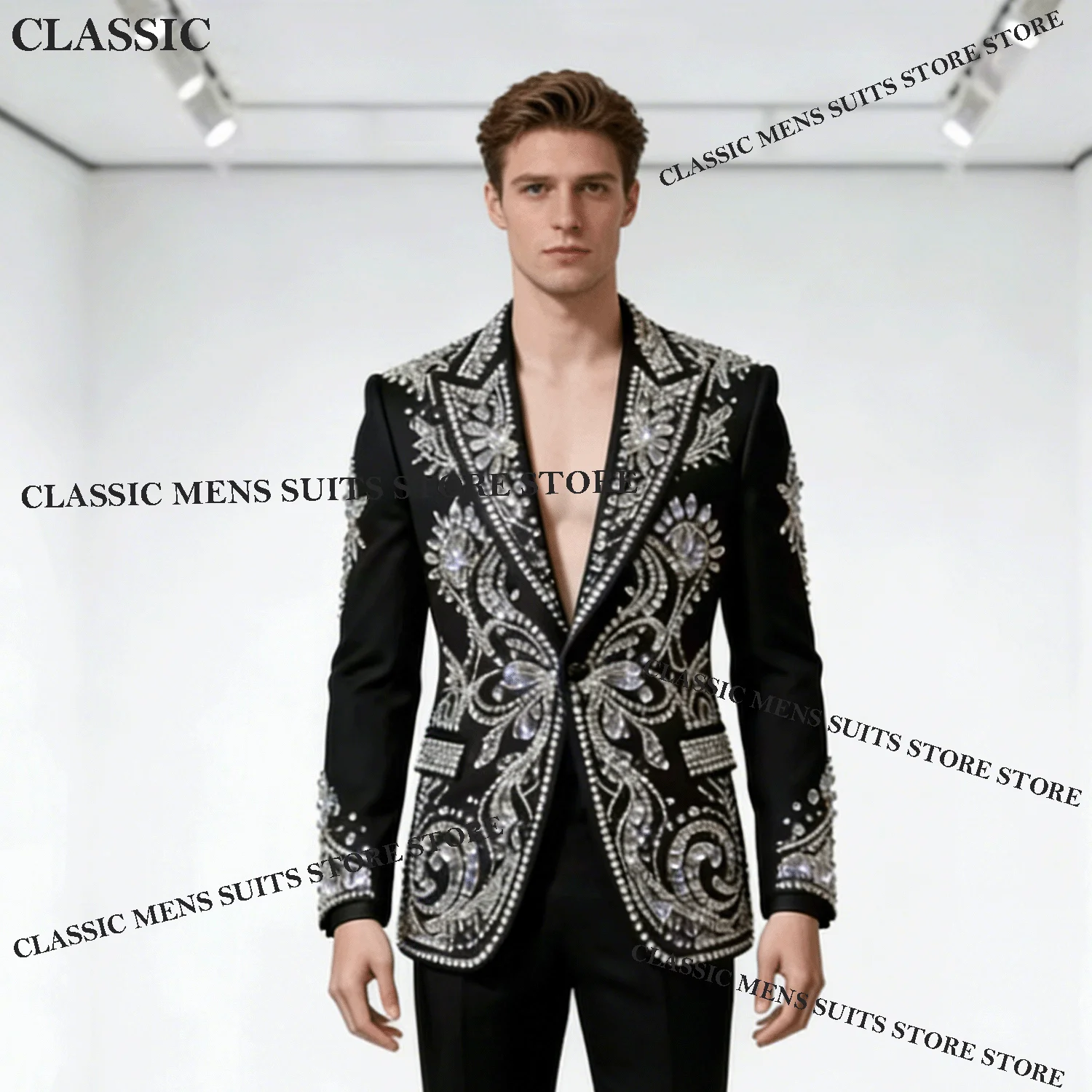 

Rhinestones Customized Formal Crystals Handsome Men Wedding Tuxedos Slim Suits Fit Ropa hombre 2 Pieces Sets Groom Male Blazers