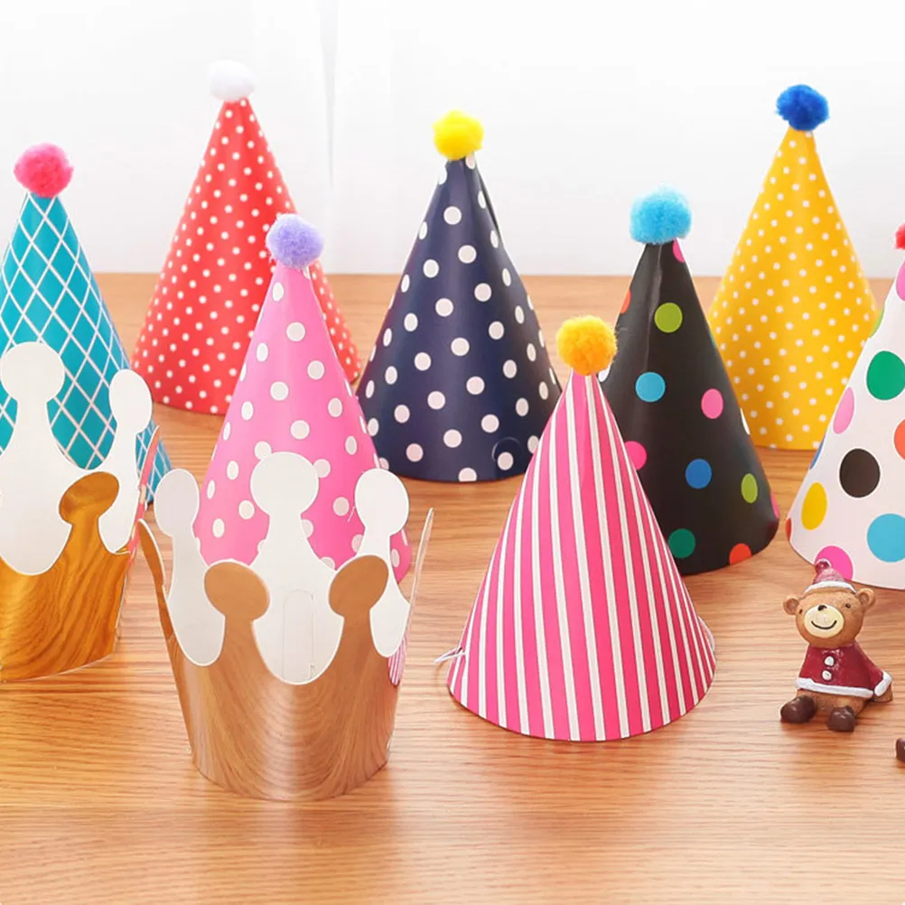 

11Pcs Cake Birthday Party Hats Colorful Polka Dot Heart Crown Design Cone Hats for Kids Photo Props Table Setting