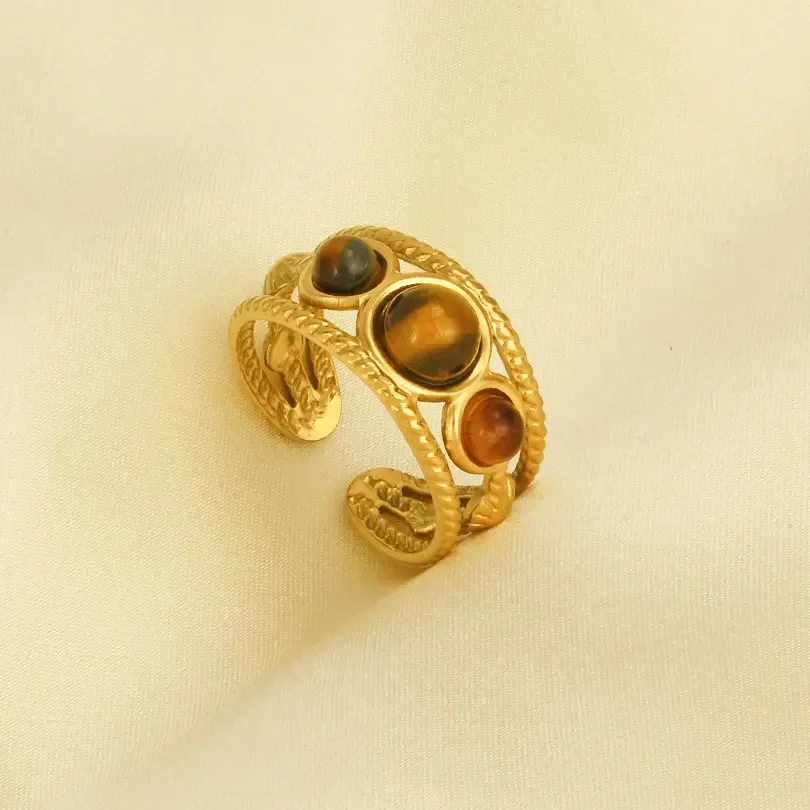 1pc New Retro Bohemia Stainless Steel Brown Tiger Stone Ring Gold Color Originality Sun Oval Peach Heart Adjustable Accessories