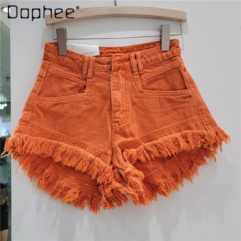 

Commuting Style Fashion A-Line Casual Shorts Women Korean Trend High Waist Versatile Ins Frayed Tassel Wide-Leg Denim Shorts