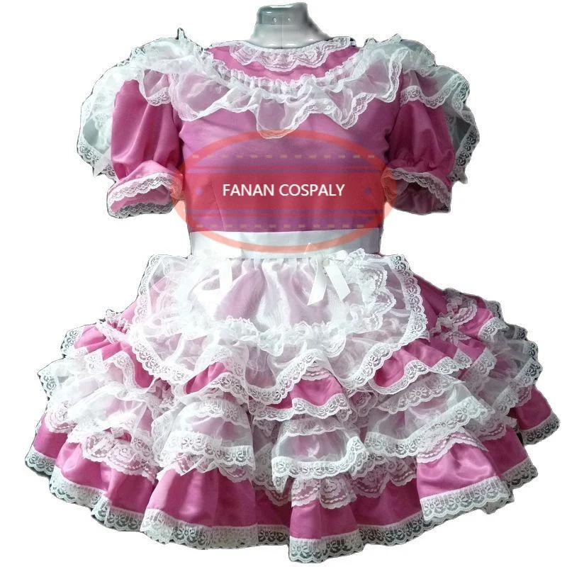 Francês Adulto Bebê Gigante Sexy Rosa Vestido de Cetim Branco Rendas Avental Sissy Role Play Maquiagem Prom Maid Vestido Personalizado Com Chave