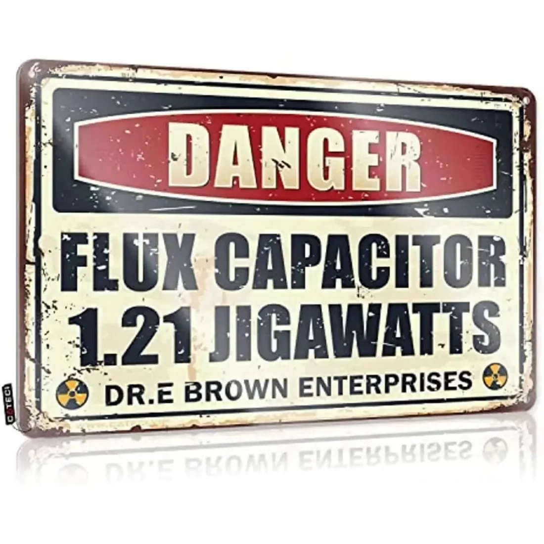 Brown Back To The Future Flux Capacitor 1.21 Jigawatt Metal Plate Sign, Movie Nostalgia Wall Decor for Garage.