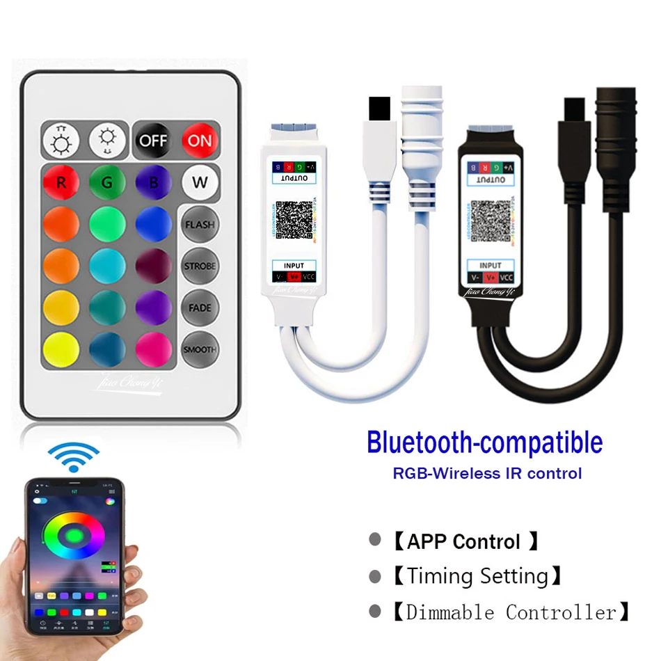 Controlador RGB de música con control remoto IR de 24 teclas para tira de luces LED 5050 RGB, 12V, 24V de CC, control por aplicación inteligente BT, compatible con Bluetooth