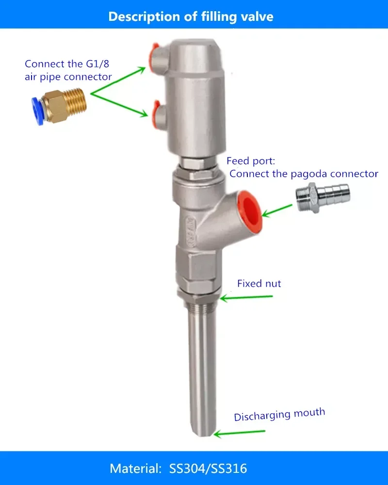 Filling Machine with Stainless Steel DN15-27 Extension Rod Anti-drip Pneumatic Discharge Nozzle Filling Valve