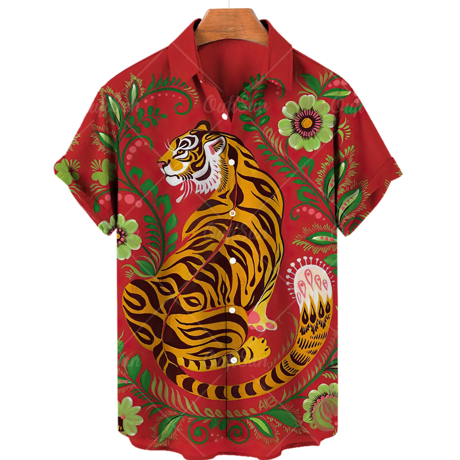 

2022 Short Sleeve Hawaiian Shirt Men Color Tiger Print Chinese Cardigan Plus Size Summer Clothing