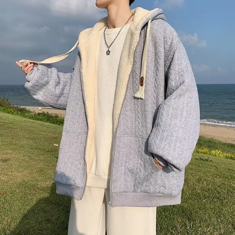 

Solid color jacquard Arctic fleece hoodie for men in autumn and winter, large size, high-end hooded jacket