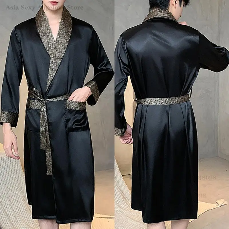 Men Robe Nightgown Long Sleeves Kimono Bathrobe Gown Spring Summer Silk Satin Sleepwear Male Loose Nightwear Casual Home Wear
