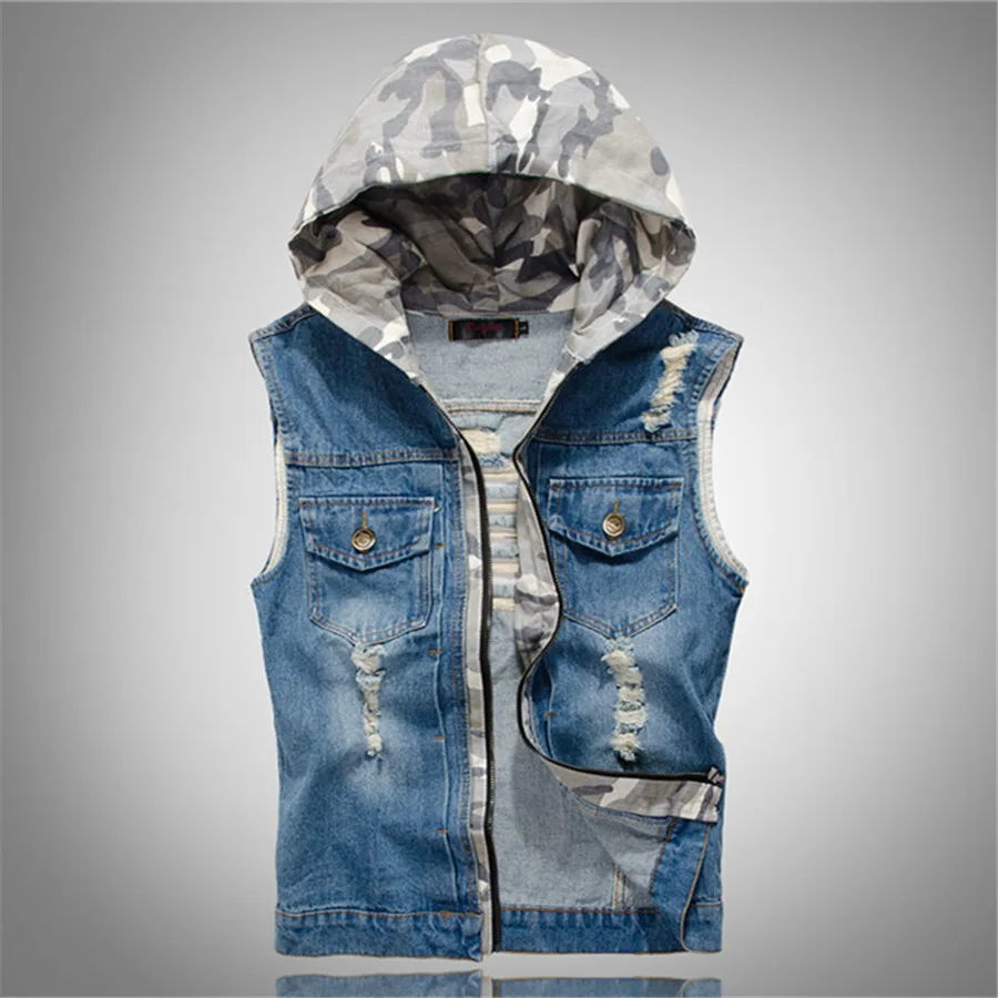 

Korean Men's Denim Vest Spring Autumn Slim Ripped Camouflage Hooded Coat Men Sleeveless Pocket Zipper Jackets Punk Waistcoat