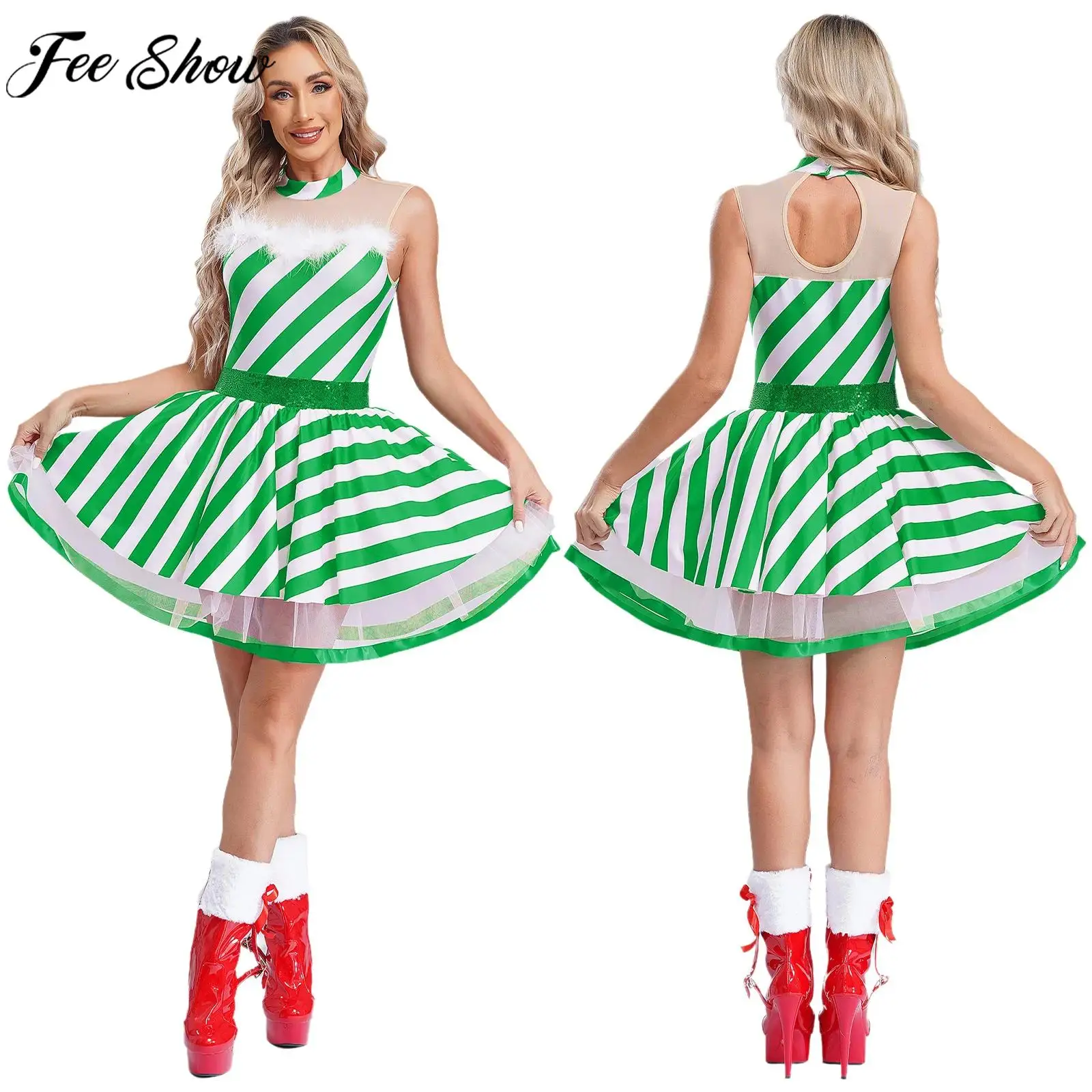 Women Christmas Xmas New Year Cosplay Costume Sleeveless Sequin Mesh Striped Candy Cane Tutu Dress Figure Skating Dance Leotard