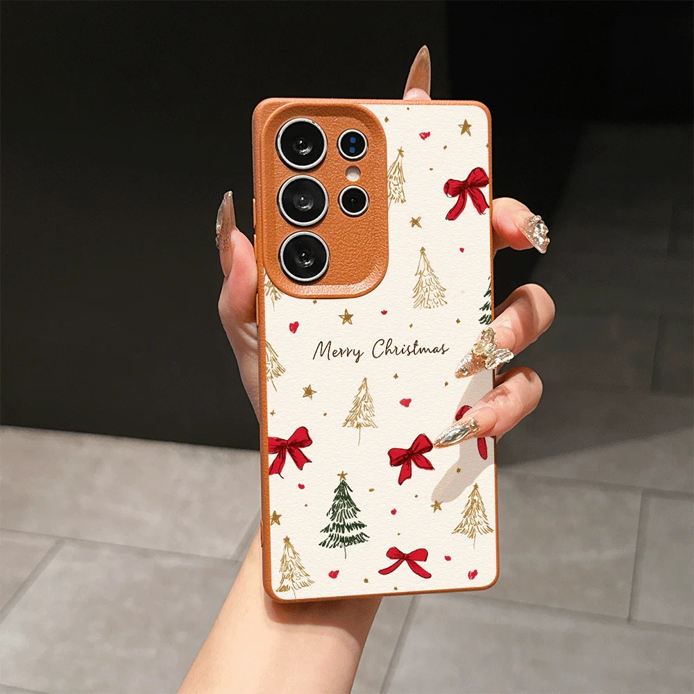 Cute Bow Christmas Tree Pattern Lychee Phone Case for Samsung Galaxy A57 A55 A54 A53 A37 A36 A14 A56 Soft Covers New Year Gifts