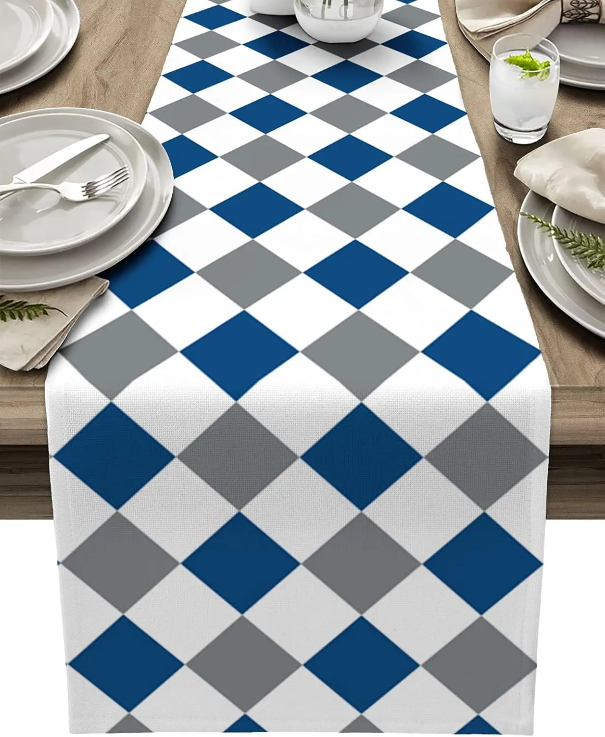 

Modern Art Diamond Plaid Linen Table Runner Dresser Scarf Table Decor Blue White Gray Checked Table Runners Holiday Party Decor