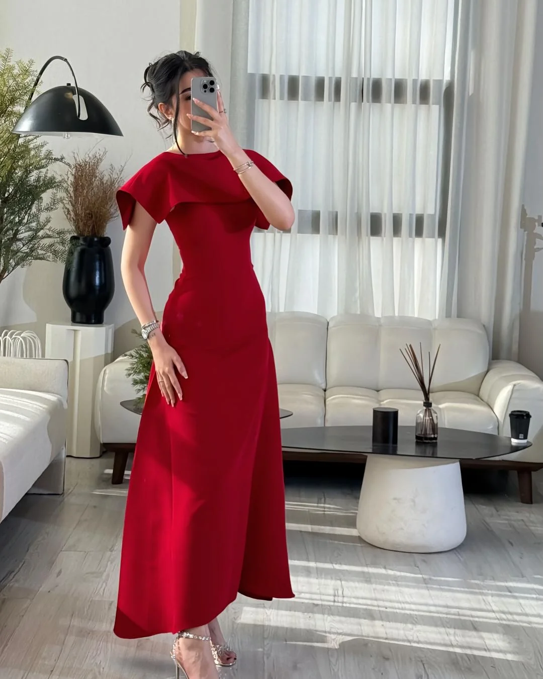 

A-line O-Neck Prom Dresses Red Customized Classic Jersey Pleat Midi Dresses Elegant Evening Dresses Formal Occasion Long Sleeves