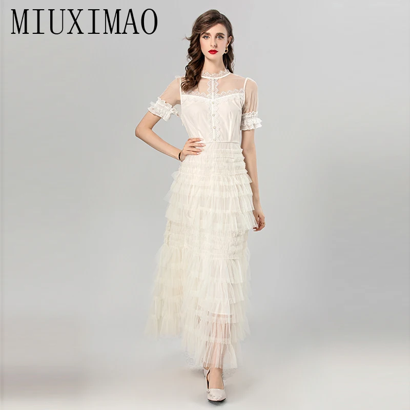 

MIUXIMAO 2024 Fashion Designer Summer Women's Dresses Short Sleeve O-Neck Ruffles Floral Elegant Long Dress Women Cake Dress