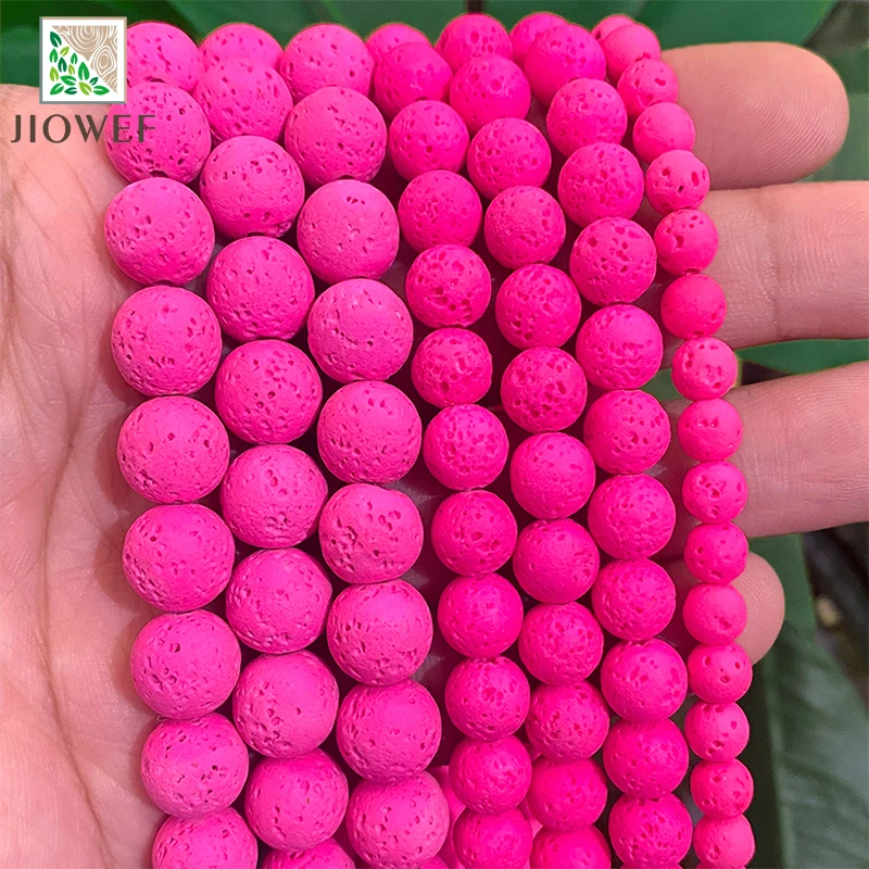 Różowa różowa lawa skała wulkaniczna okrągłe koraliki kamień naturalny do tworzenia biżuterii DIY bransoletka pierścionek kolczyki 15 ''nić 4/6/8/10mm