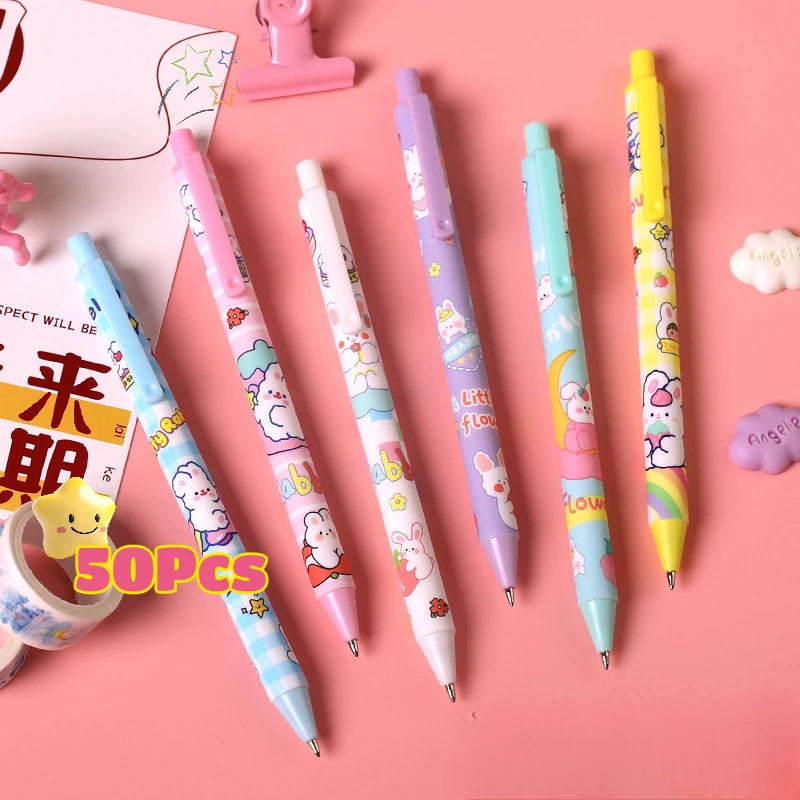 

50Pcs/Lot Kawaii Cute Mischievous Rabbit Press Pen Cartoon Bunny Gel Pen 0.5mm Black Ink Writing Office Kids School Stationery