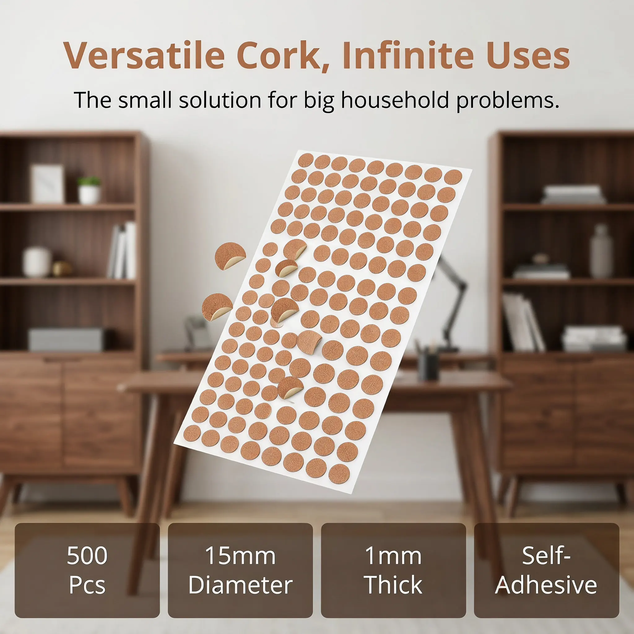 500Pcs Soft Cork Non Slip Self Adhesive Round Pads for Drawer Bumpers Furniture Cabinets Kitchen Noise Reduction Vibration