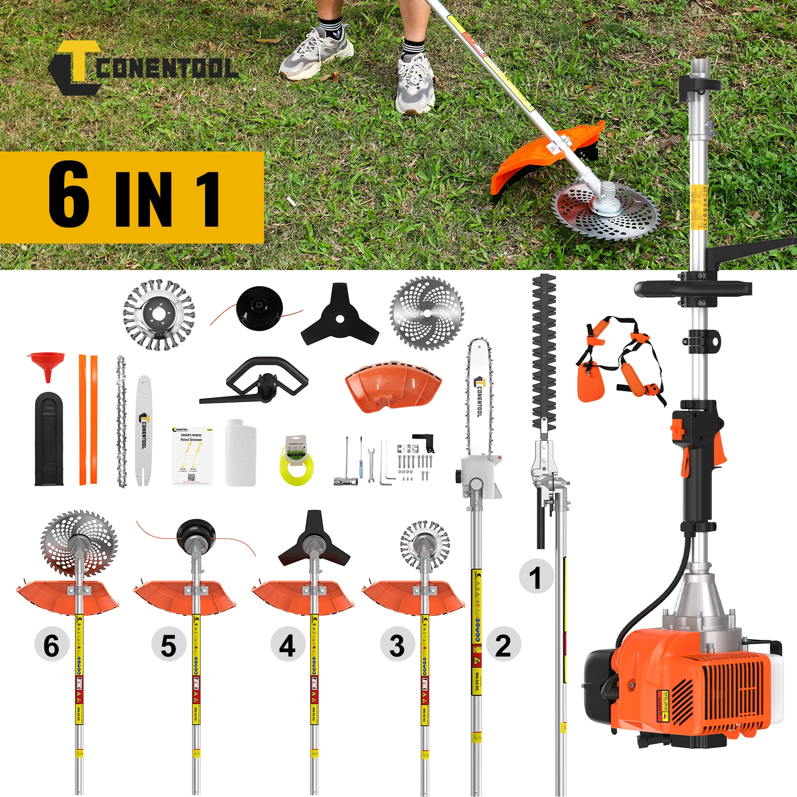 CONENTOOL 6 en 1, moteur 2 temps, tondeuse à gazon à essence 52CC, débroussailleuse à essence, taille-haie, tronçonneuse, outils de jardinage pour l'élagage des branches