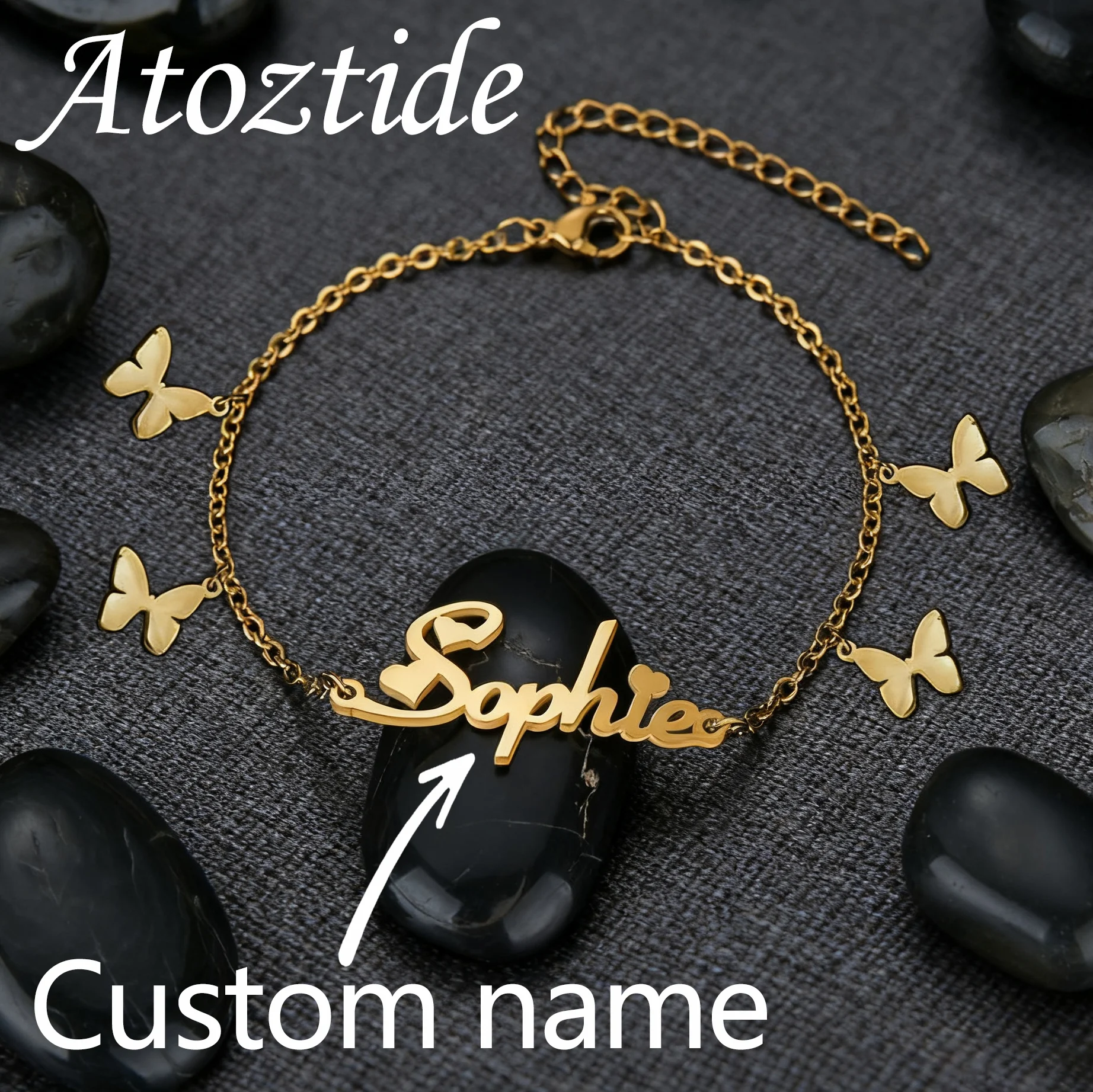 

Atoztide браслет с индивидуальным именем и звездой-бабочкой в форме сердца на цепочке, ювелирные изделия из нержавеющей стали для женщин, индивидуальный рождественский подарок