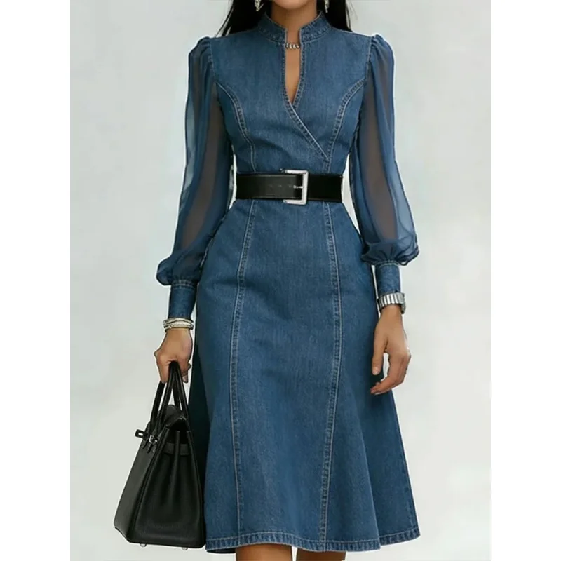 

Spring/Summer 2026 Long Sleeve V-Neck Slimming Denim Dress Waist-Cinching with Belt Casual Elegant Women's Fashion