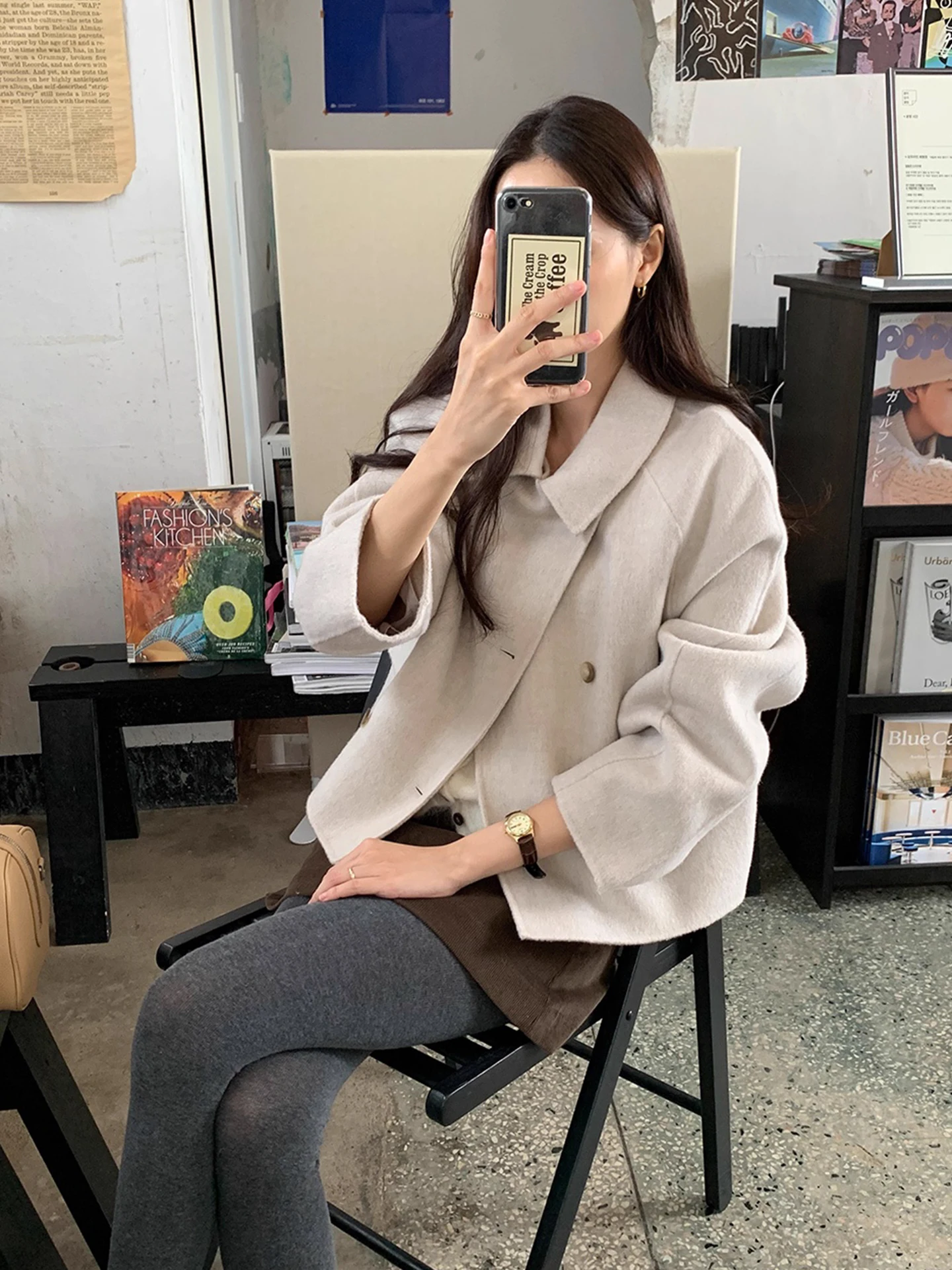 Chic Autumnal Soft Elegance Turn-down Collar Double-breasted Loose Versatile Long Sve  Color Woolen Coat for Women