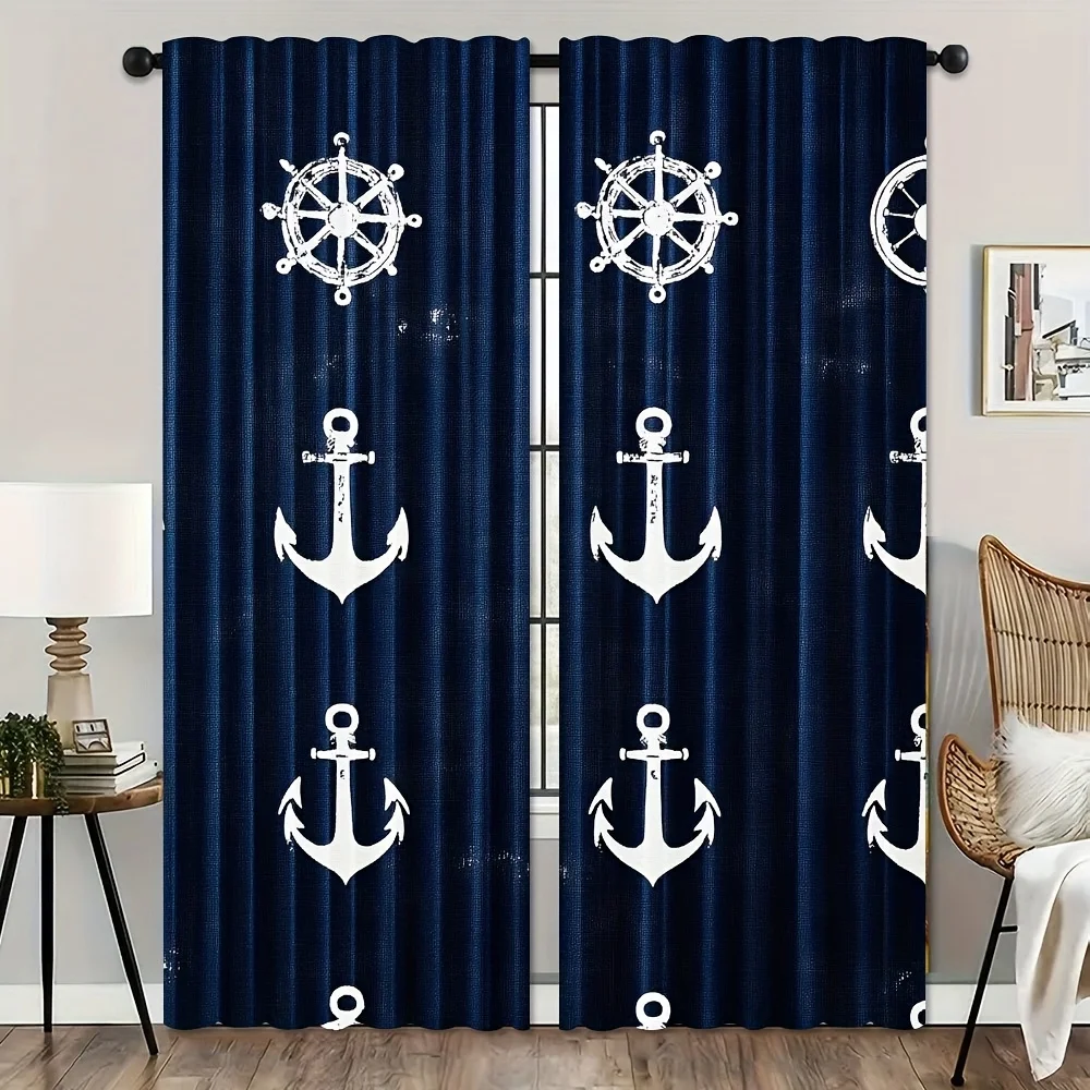Nautical Curtains with Anchor and Ship Wheel Print, Marine Theme Home Decor, Navy Blue Kids Room Living Room Window Drapes