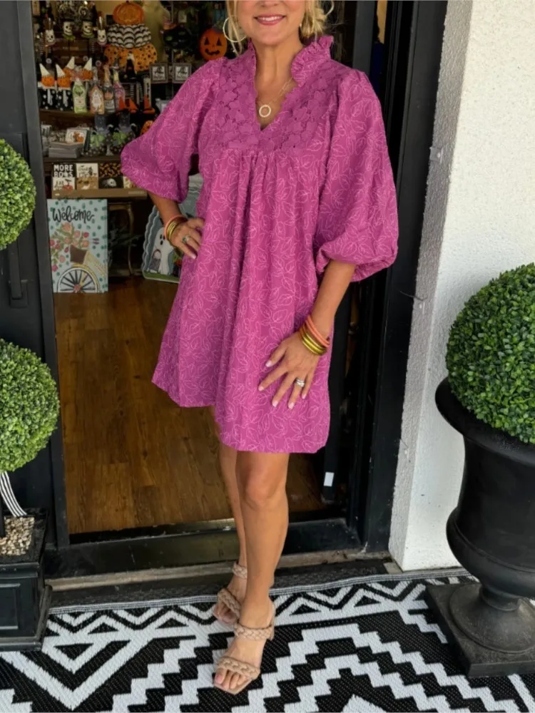 

Spring Fashion Lace Loose Mini Dress Women's V-neck Puff sleeves Casual Dresses Female Summer New Holiday Sweet Lady Clothes