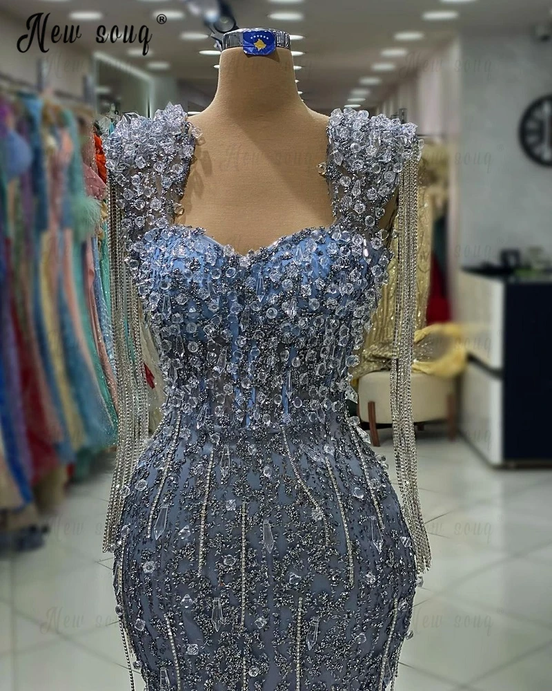 Luxury Silver Crystals Tassel Party Dress Shoulder Pad Mermaid Long Maxi Wedding Night Gowns Dubai Women Formal Prom Gowns 2023