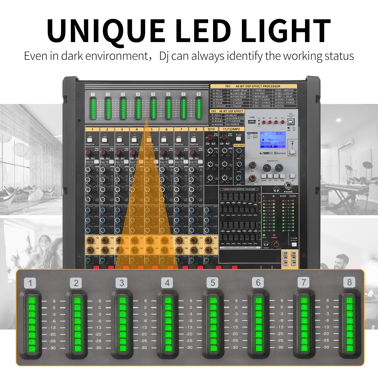 24 Channel Mixer TFB24 Dual DSP Effectors and Dual 7 Bands EQ Adjustments Mixing Console 2 Stereo 4 Group Outputs Aux Soundcard