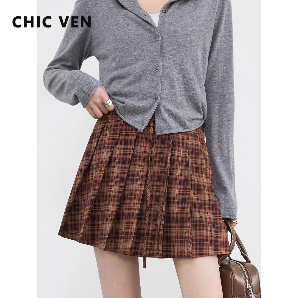 CHIC VEN Korean Women Skirts A Line Loose New High Waisted Drawstring Design Plaid Office Lady Female Pleated Skirt Summer 2025