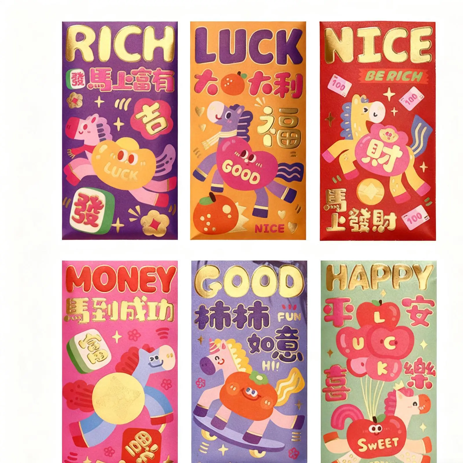 6 pçs dos desenhos animados cavalo ano envelope vermelho 2026 em relevo ano novo chinês envelopes vermelhos ano novo lunar chinês envelopes vermelhos para crianças