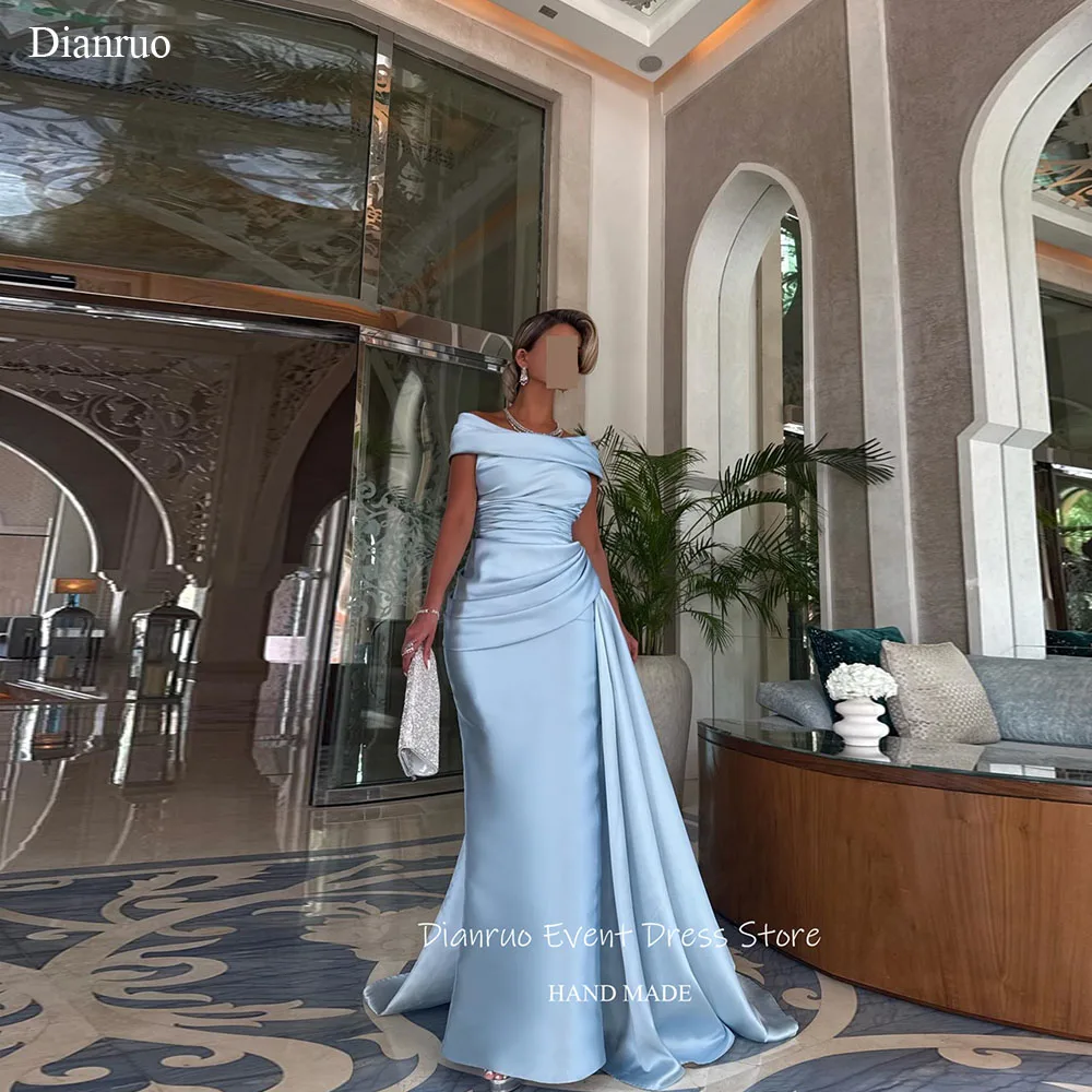 Dianruo Dubai Vestidos de noche de sirena con pliegues y hombros descubiertos Satén فساتmaveraAzul claro 2025 Vestidos de fiesta personalizados