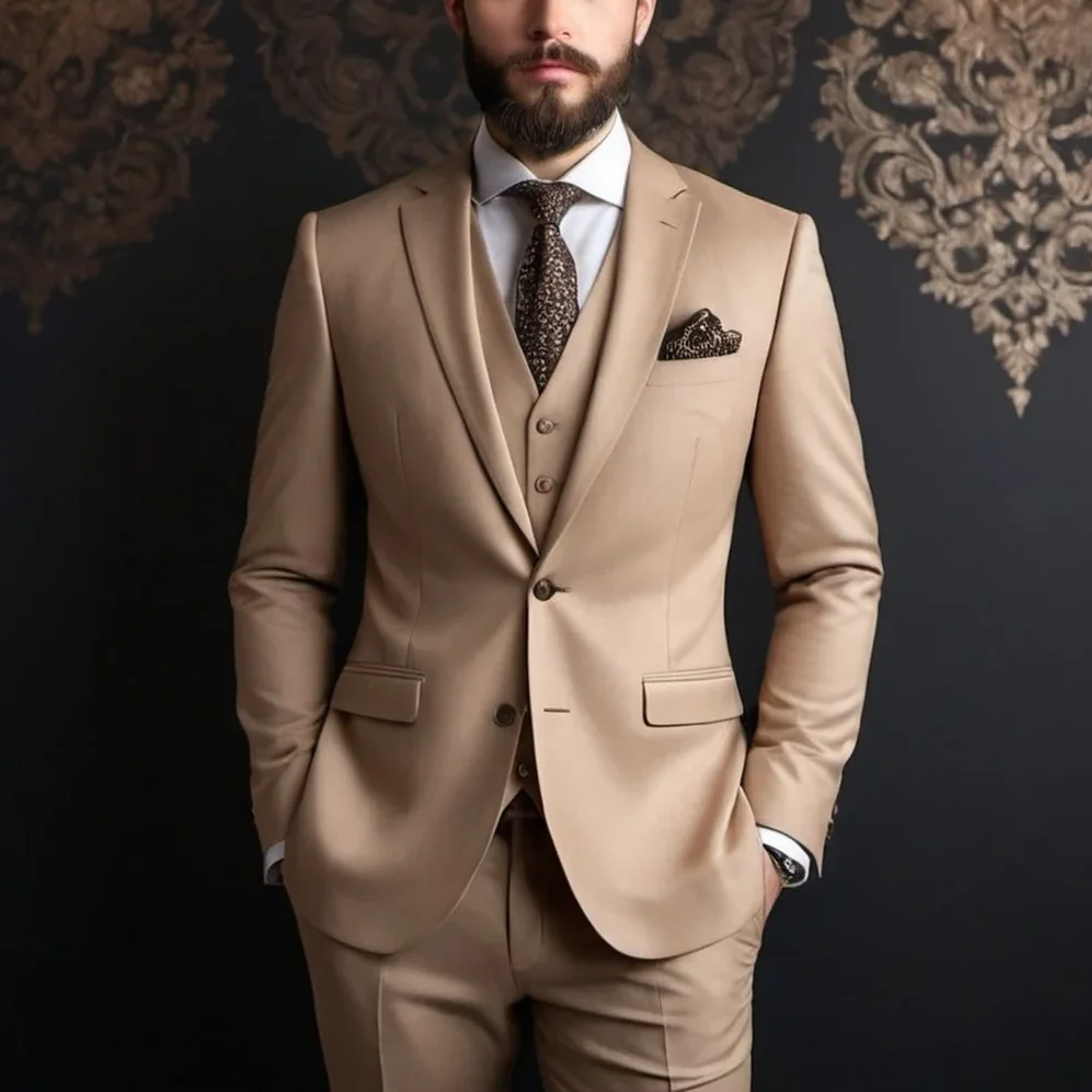 

Chic Notch Lapel Men Suits 3 Piece Solid Color Fashion Single Breasted Outfits Wedding Party Tuxedo Formal Smart Casual Suit