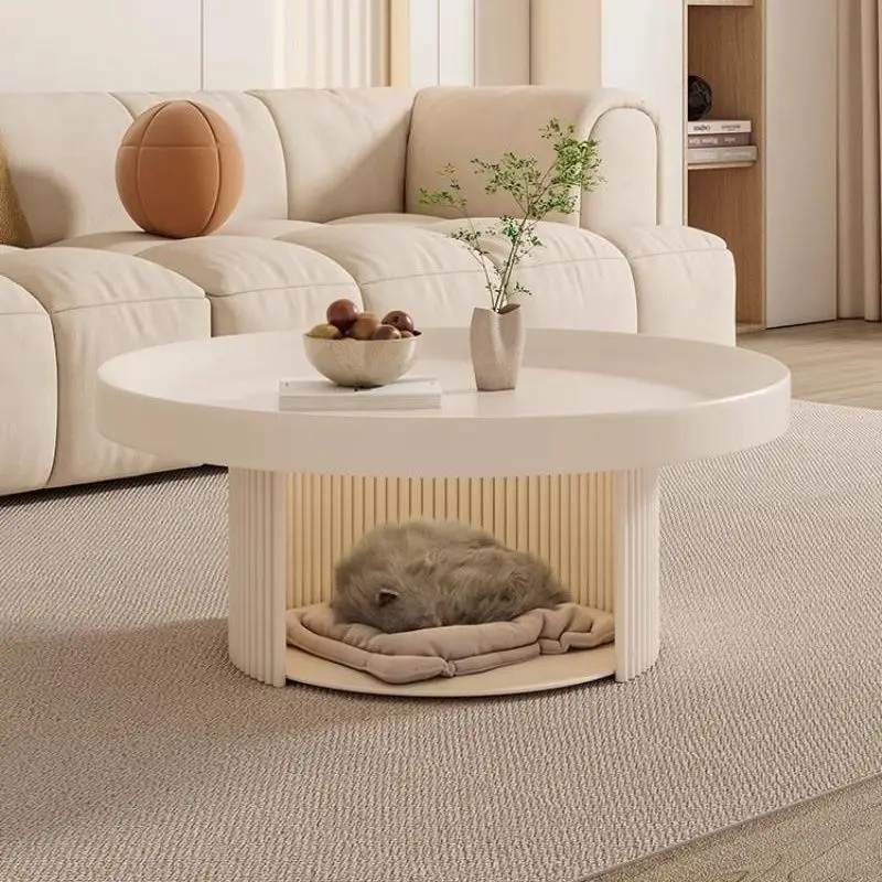 French cream style minimalist living room sofa, coffee table, small layout designer, creative pet circular small coffee table