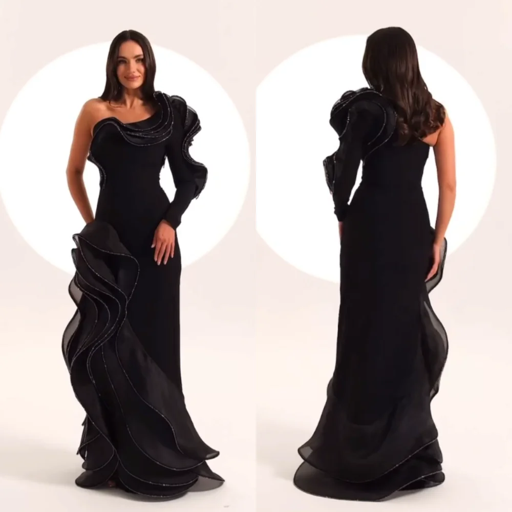 Customized Jersey Ruffle A-line One-shoulder Long Dresses Bespoke Occasion Evening Fashion Exquisite Matching