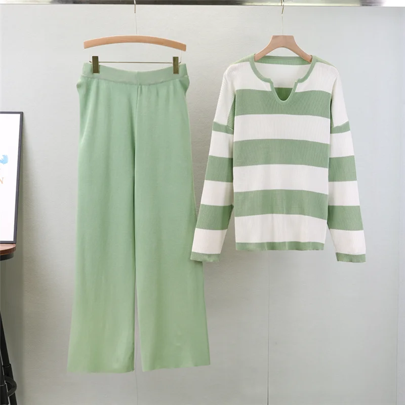 2024 Autumn New Retro Women Sweater Set Casual Pullovers Suits Striped Knitted Long Sleeve Elegance Tops Elastic Wide Leg Pant