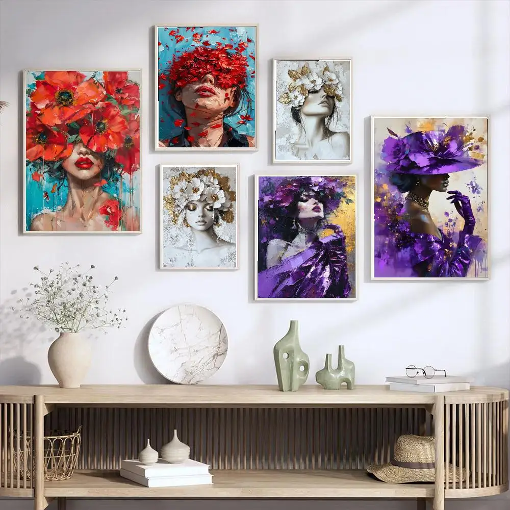 Floral Girl Portrait Poster HD Wall Art Print,Self-adhesive Poster Sticker,Aesthetic Home Decor