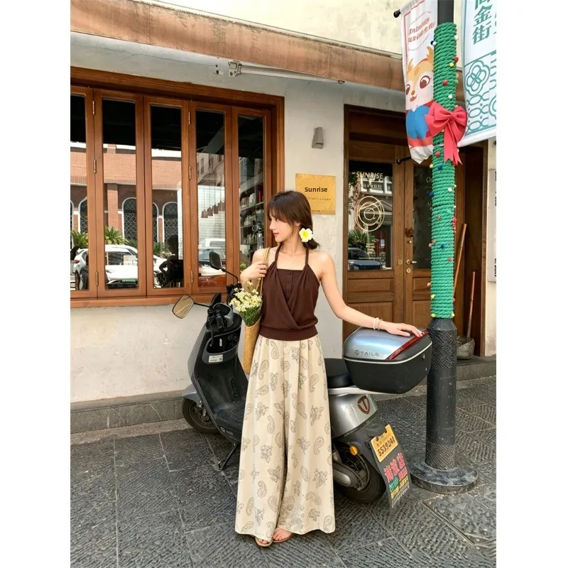 

Retro Hot Girl Neck Hanging Single Button Halter Vest Women Summer Pattern Casual Pants Long Pants Two Piece Set Women's Fashion