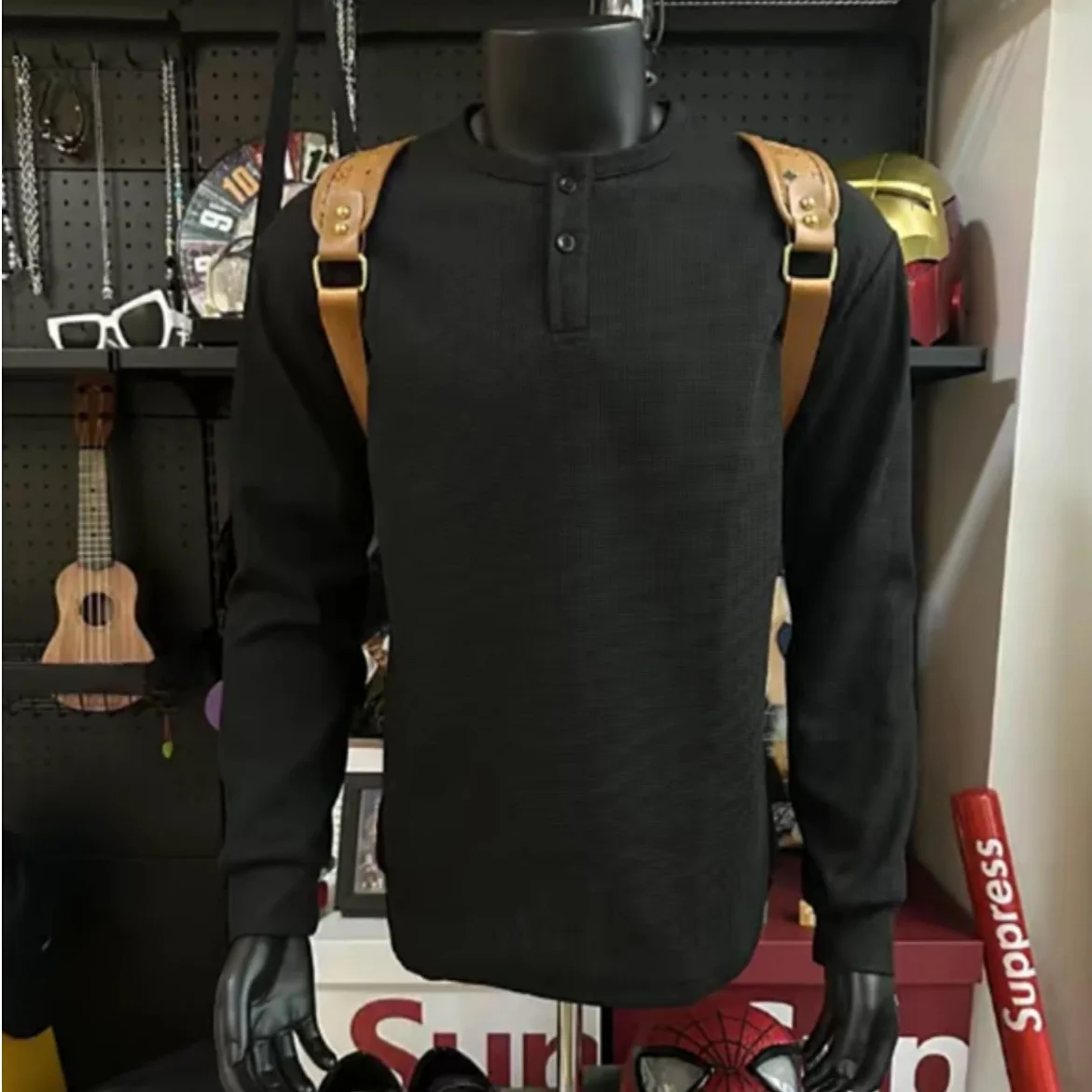 Black American Style Long Sleeve Henry Collar T-Shirt Men's Spring Autumn Heavyweight Wafer Pattern Inner Wear Base Shirt