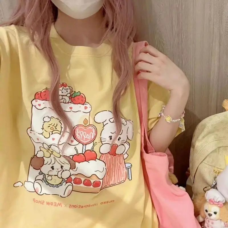 Kawaii Mikko Latte Cammy Mousse Souffle Cotton T-Shirt Summer Printed Cartoon Yellow Short Sleeved Shirt Ins Cute Top Girl Gifts