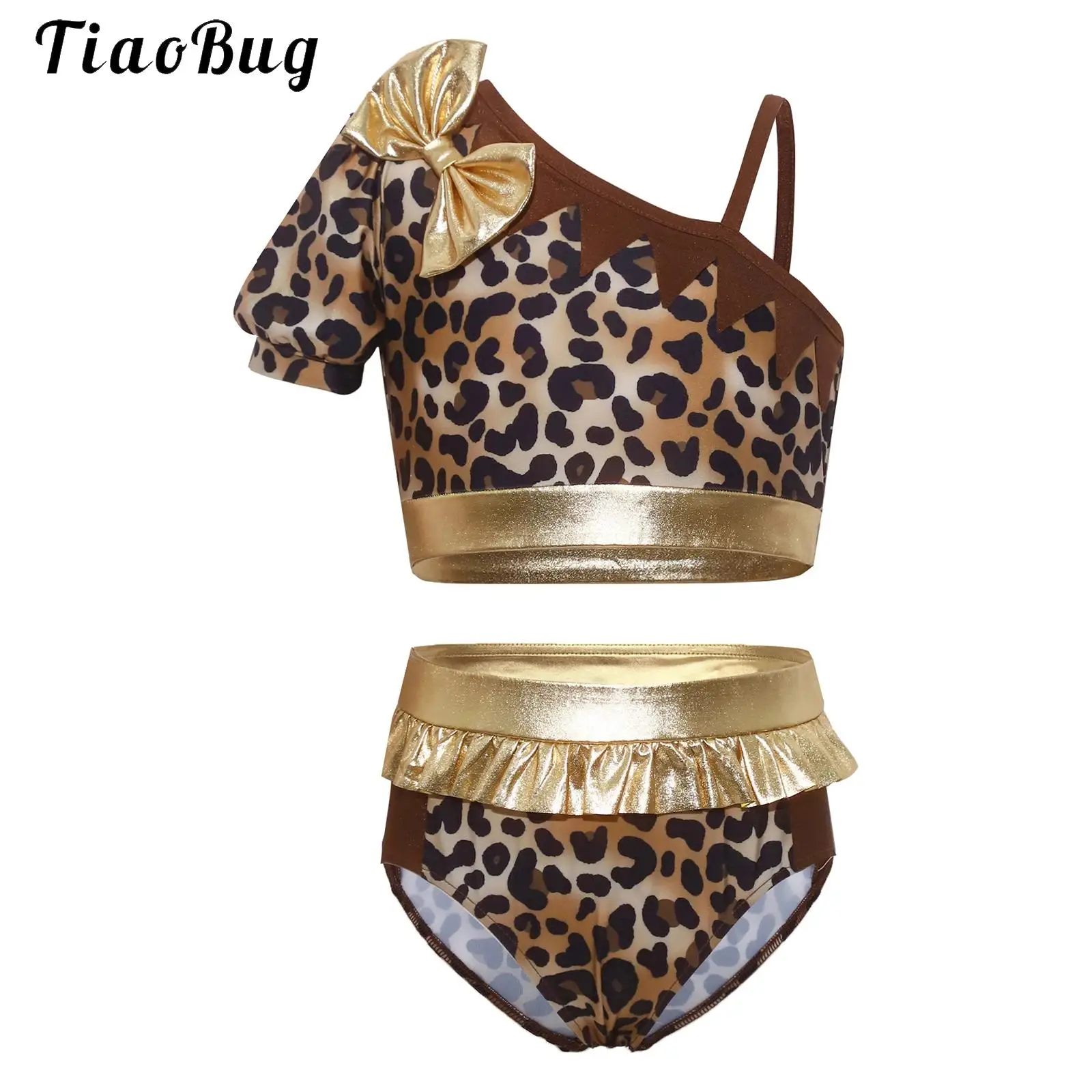 Girls Prehistoric Cave Printed Costume Outfit Leopard Print Metallic Gloss Crop Top +Briefs Halloween Caveman Primitive Dress Up