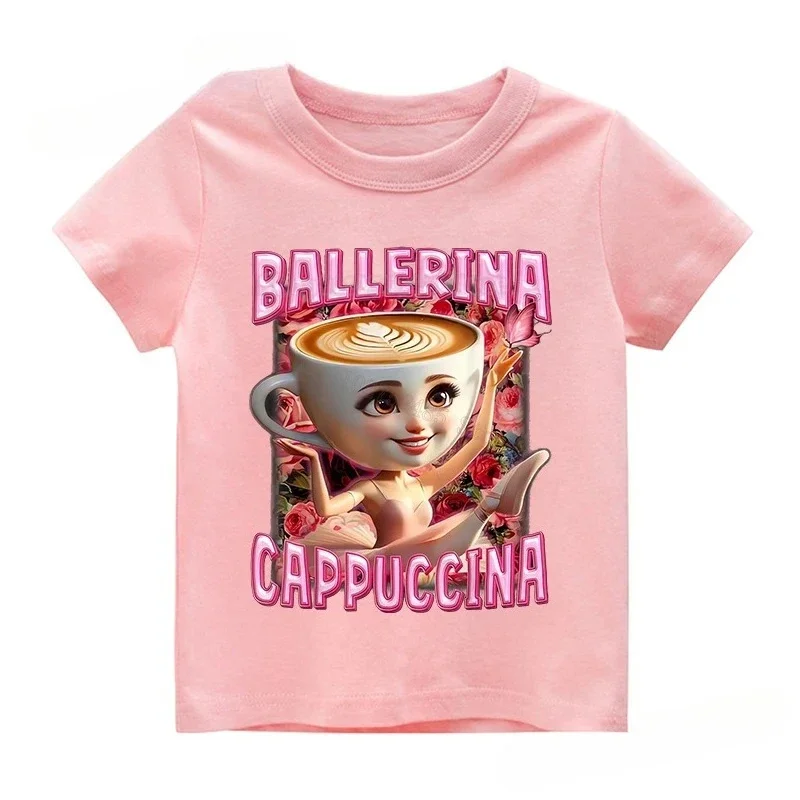 Camiseta italiana de algodón Brainrot para niñas, camisetas con estampado de capuchino de bailarina bonita, camisetas informales de moda para niños