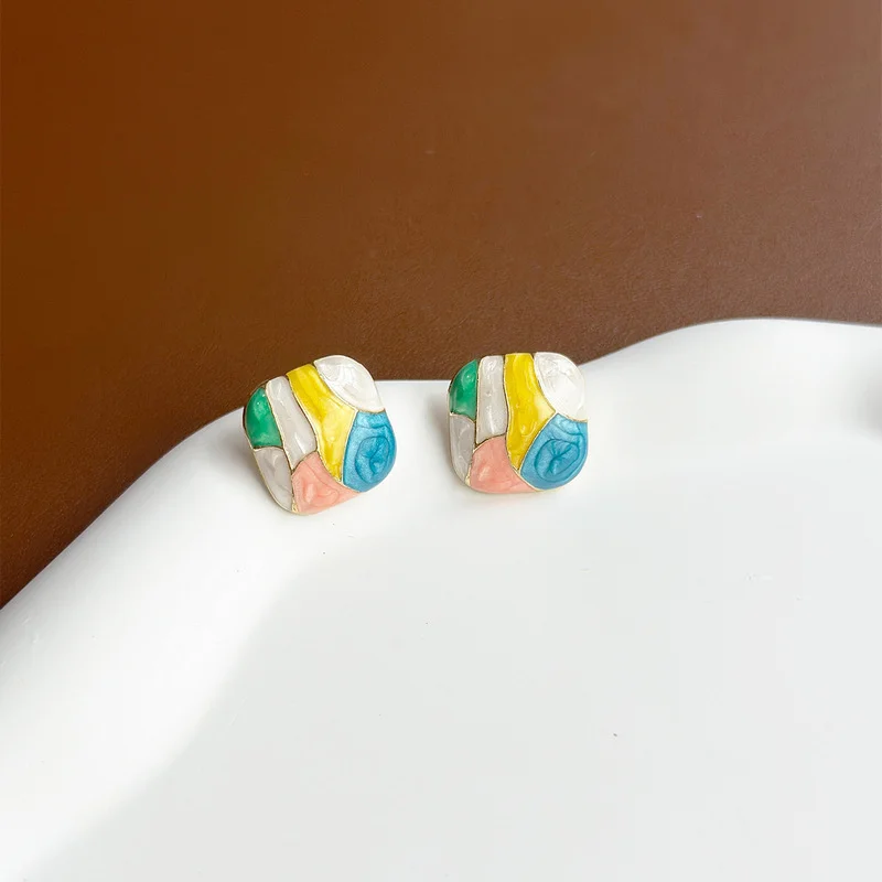 New Premium Candy Colorful Enamel Geometric Square Stud Earrings 2024 Women\'s Fashion Jewelry Party Sweet Accessories for Girls