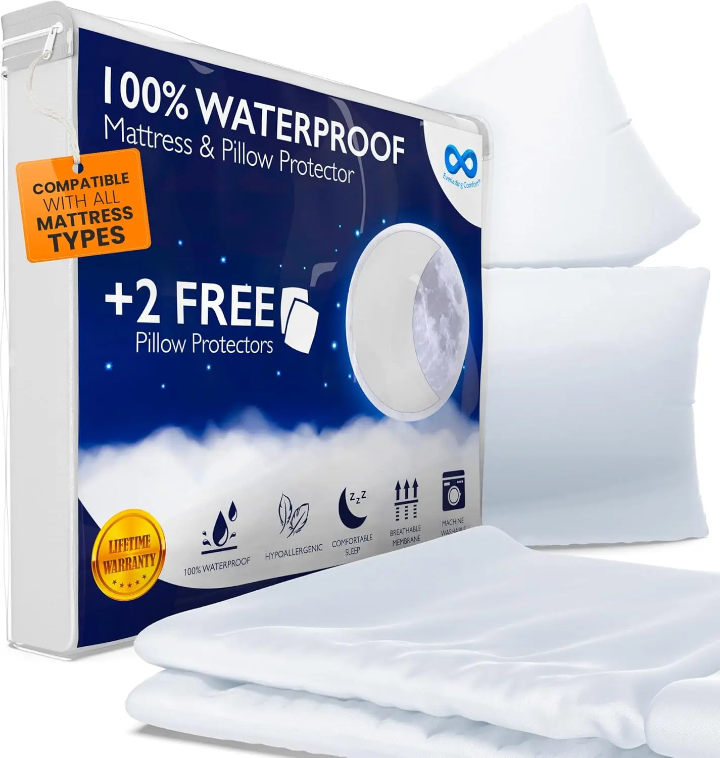

Queen Mattr Protector Waterproof - 2 Pillow Protectors Luded - Hypoallergenic, Deep Pocket Design, Up To 18"" - Noiseless, Hine