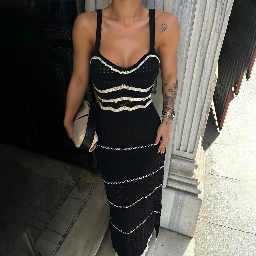 Striped Elegant Sun crochet dress Woman 2024 Summer Beach Vacation Sleeveless Bodycon Long Dresses V Neck Boho Sexy Knit