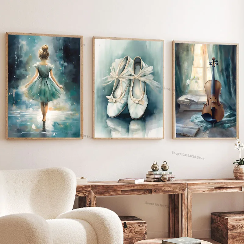 Watercolor Ballet Girl Shoes Cello Nursery Wall Art Canvas Painting Nordic Posters Prints Pictures For Baby Kids Room Home Decor