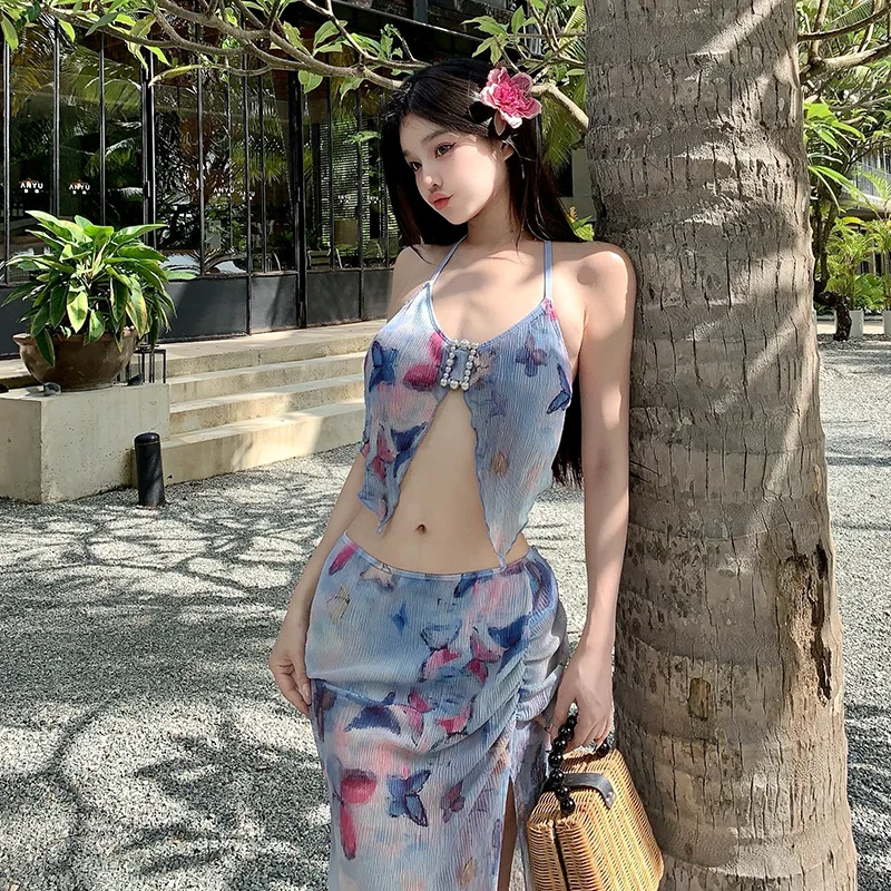 

Sexy 3 Pieces Butterfly Print Bikini 2025 Women Swimsuit Swimwear Mesh Bikinis with Cover Skirt Korean Beach Wear Bathing Suit