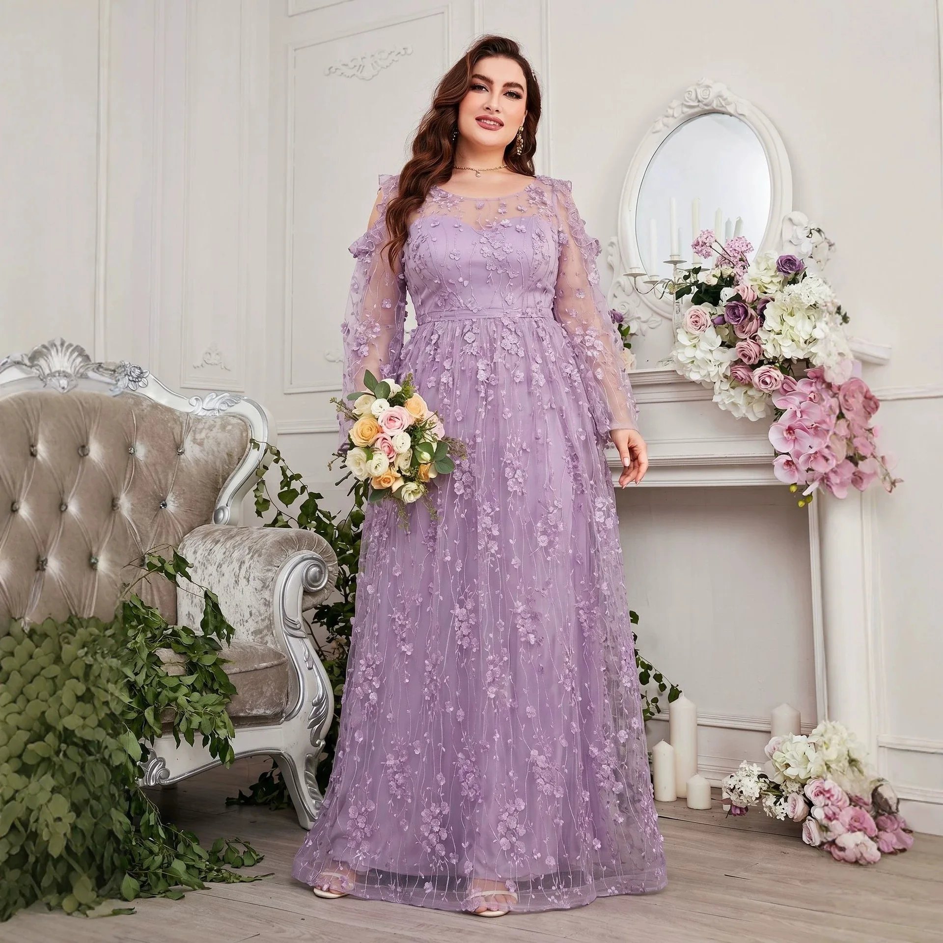 26 Summary New Large Size Formal Long Clothes Fashionable Mesh Long Sleeve Clothes Women's Clothing Midi Vestidos Party