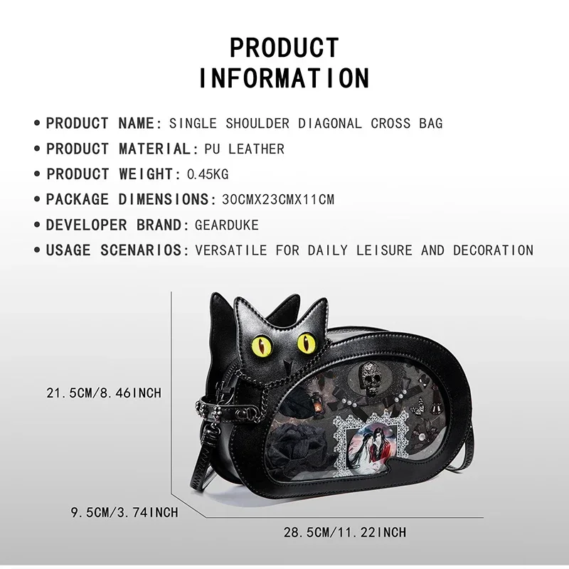 Gotische Schwarze Katzen-Ita-Tasche für Damen, Niedliche Umhängetasche mit Klarsichtfenster, Harajuku Mini-Schulter-Messenger-Tasche – Detail 1