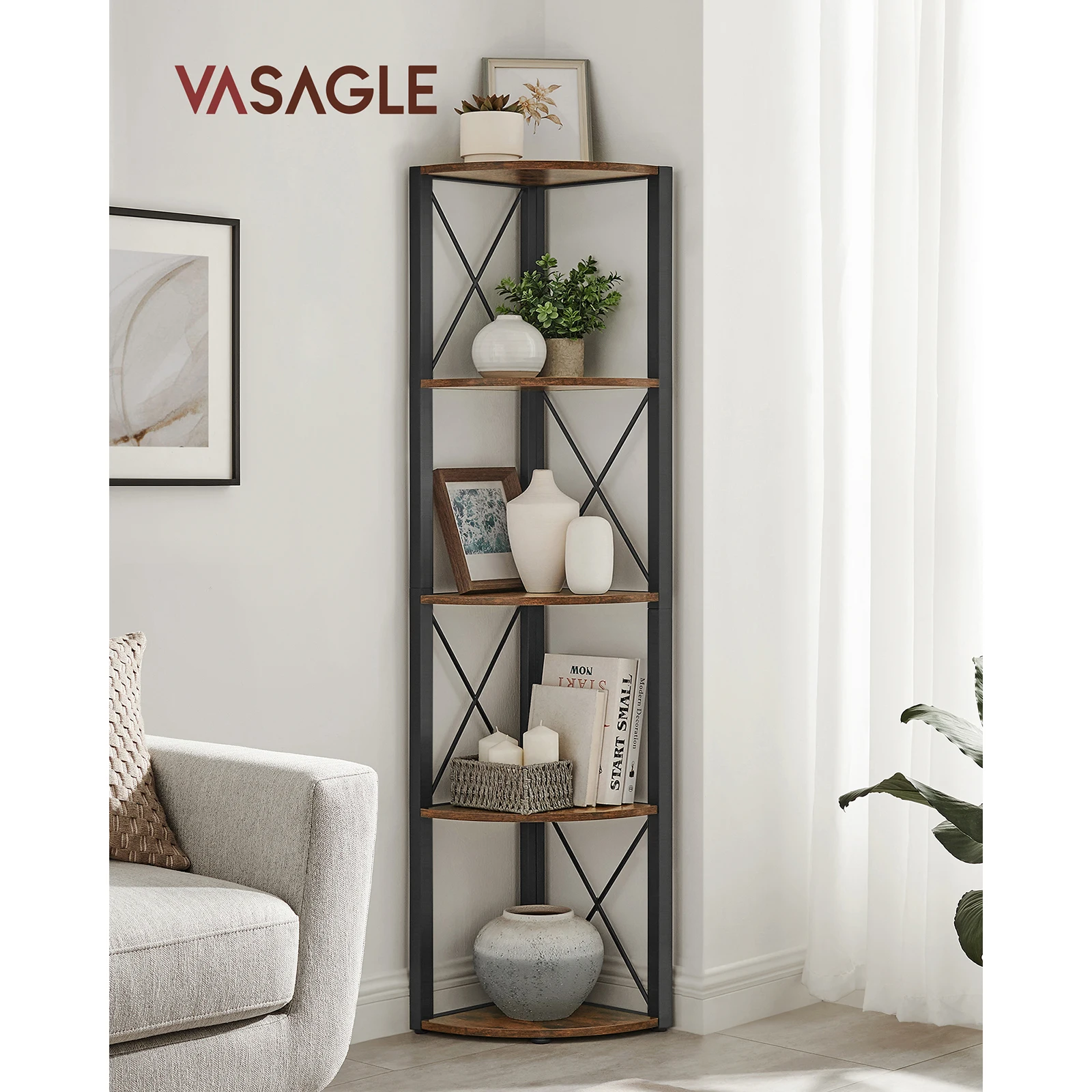 VASAGLE 5-Tier Corner Shelf: Multifunction Storage Unit. For Living Room, Bathroom, Kitchen, Bedroom, Office. Easy Assembly.