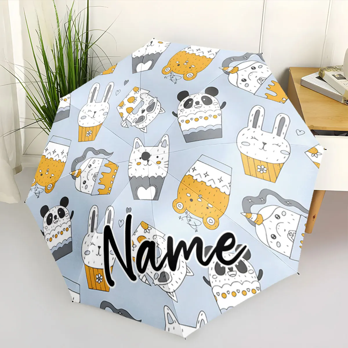 Custom Name Cute Cartoon Animal Umbrella for Kids and Adults Print 8 Iron Ribs Folding Umbrella Auto-Open Fashion Sunshade